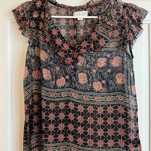 Velvet by Graham & Spencer Navy and Rust Floral Ruffle Sleeveless Blouse